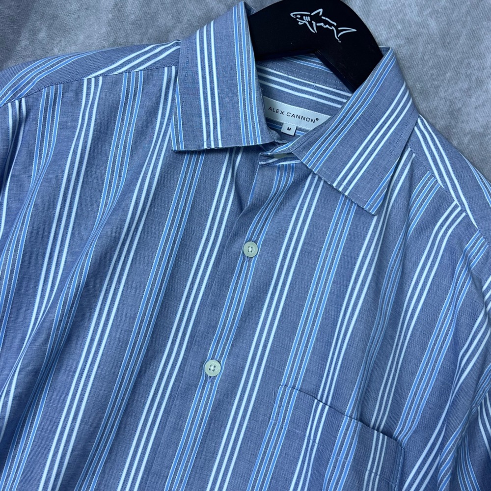 Alex Cannon Mens Medium Shirt Blue Striped Cotton Button Down Long Sleeve NWOT
